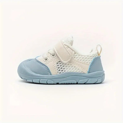 Blue flexible sole baby shoes, perfect for first steps and barefoot feel