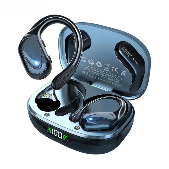 Unisex Bluetooth 5.3 sport earbuds with mic, LED case, 75H playback for active lifestyles.