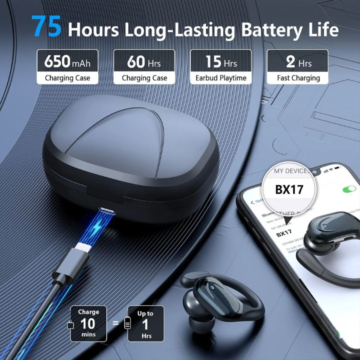 Advanced Bluetooth 5.3 wireless sport earbuds with mic, 75H playback, and waterproof design.