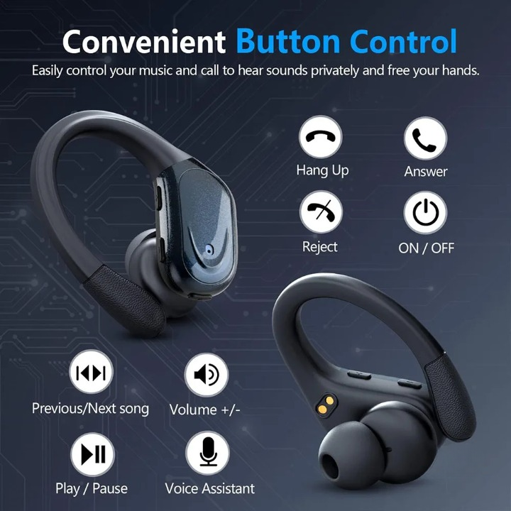 Sleek LED charging case with Bluetooth 5.3 sport earbuds. Waterproof wireless audio for active use.
