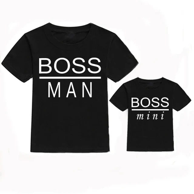 Black 'Mini Boss' breathable cotton T-shirt for toddlers, casual family matching print design