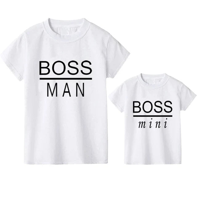 Unisex 'Boss Man' T-shirt, side view, showing casual fit, versatile family matching apparel