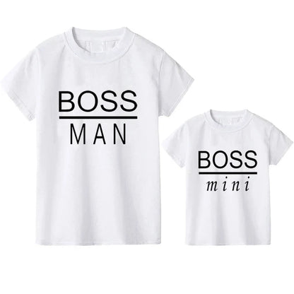 Unisex 'Boss Man' T-shirt, side view, showing casual fit, versatile family matching apparel