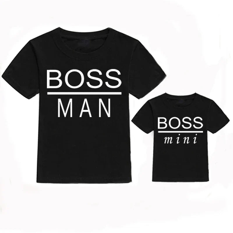 'Boss Man' graphic print on a black T-shirt, white bold text, stylish family matching design