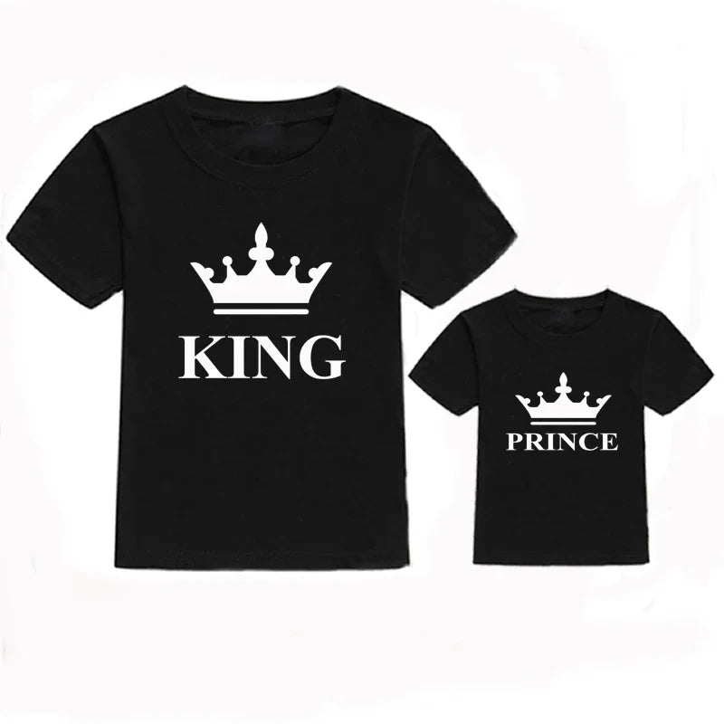 Father and son wearing black 'Boss Man' and 'Mini Boss' cotton t-shirts, summer family matching apparel