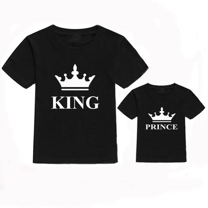 Father and son wearing black 'Boss Man' and 'Mini Boss' cotton t-shirts, summer family matching apparel