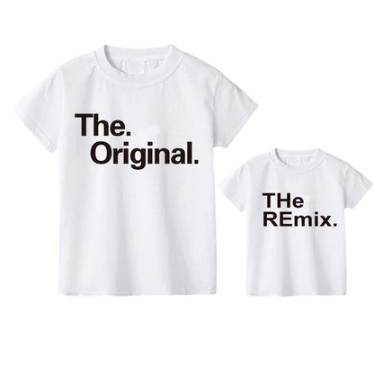 Full shot of a black 'Mini Boss' t-shirt for children, casual summer wear, coordinated family print