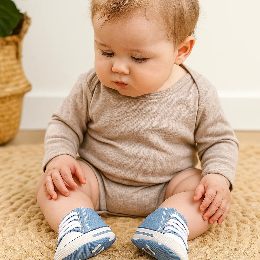 Infant first walker sneakers with soft, non-slip sole, breathable material