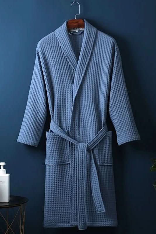 Classic breathable waffle bathrobe, a versatile home wear essential for post-shower comfort.