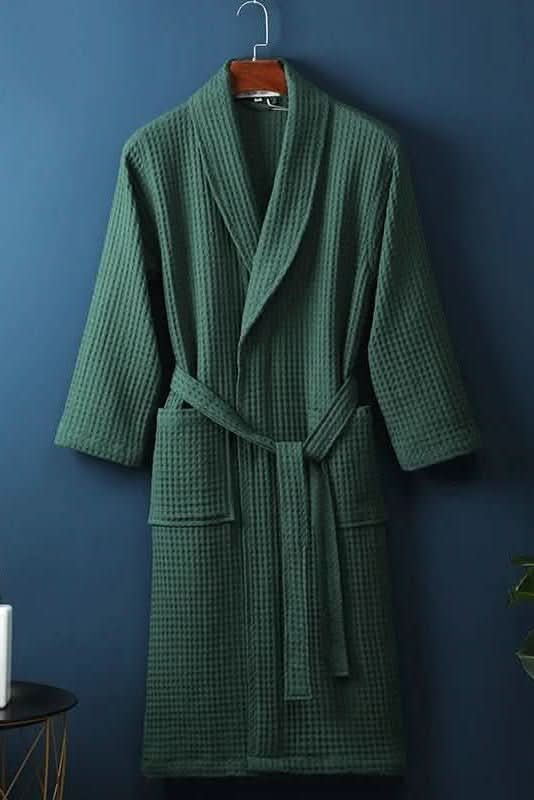 Comfortable unisex waffle robe, perfect for home wear and relaxing post-shower experiences.