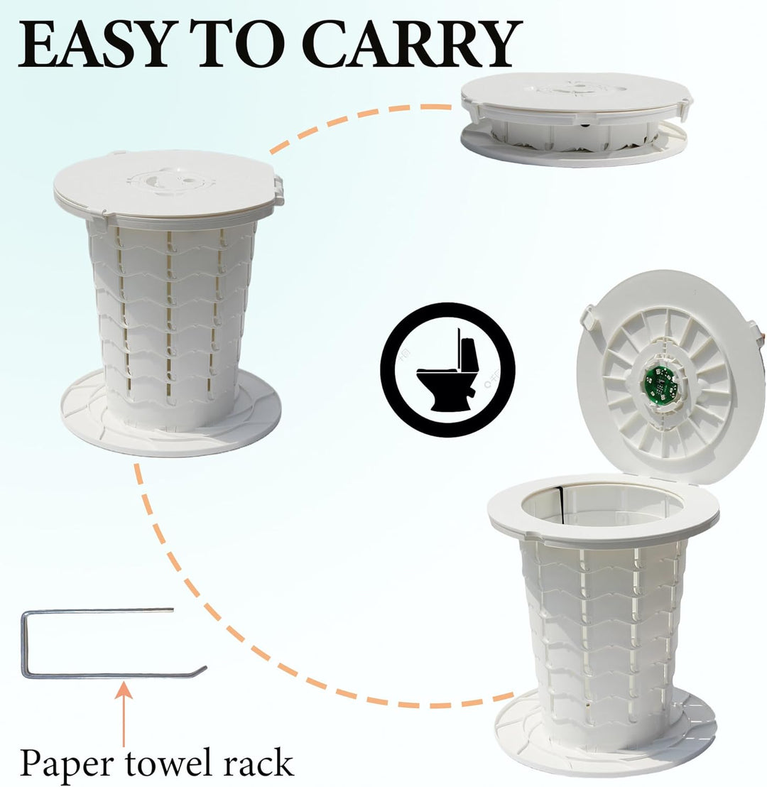 Portable emergency commode, adjustable height, unisex design for versatile use.