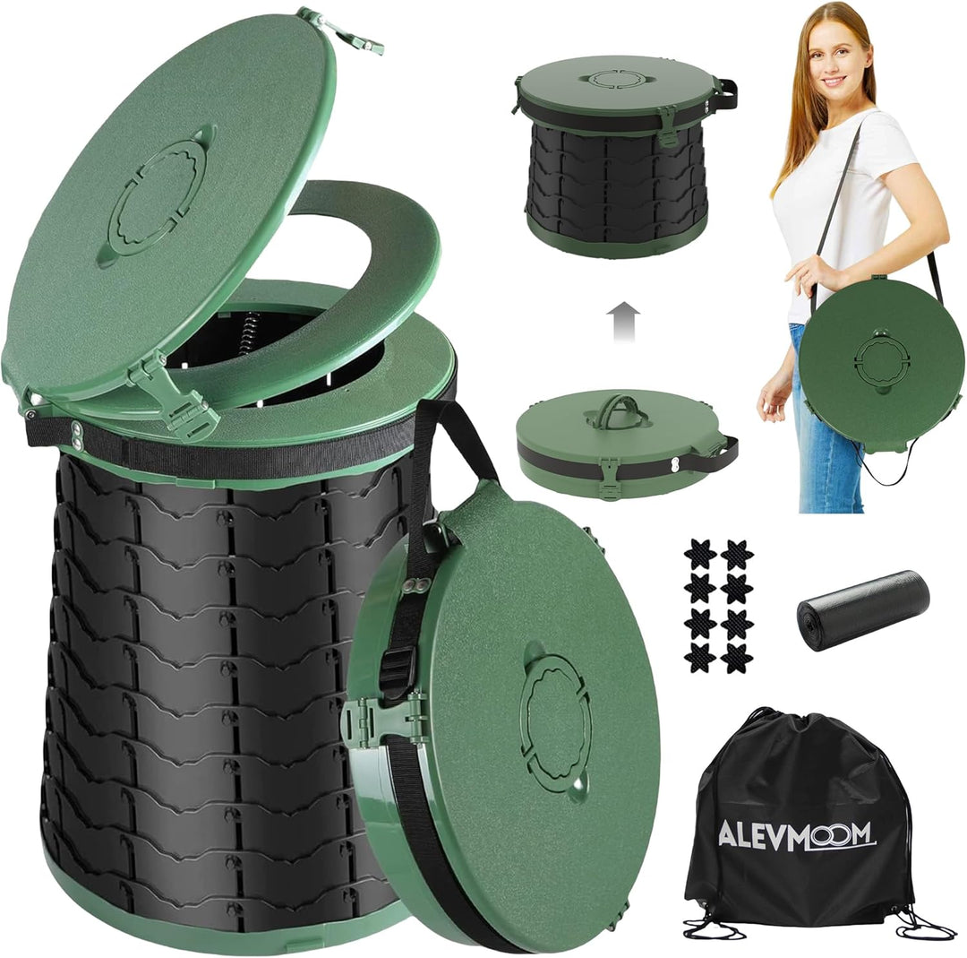 Foldable portable toilet, CampMate, with adjustable height for easy transport & setup.
