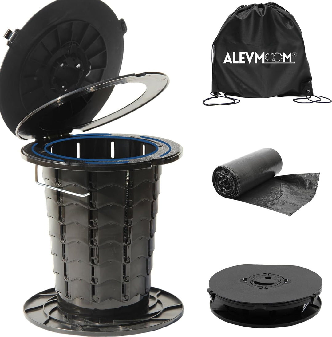 Unisex portable toilet, adjustable height, foldable design for space-saving camping.
