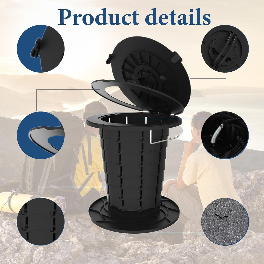 Adjustable height portable toilet, unisex, for camping, road trips & outdoor events.