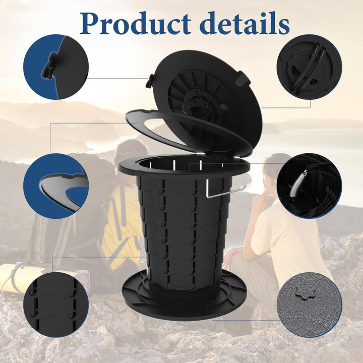 Adjustable height portable toilet, unisex, for camping, road trips & outdoor events.