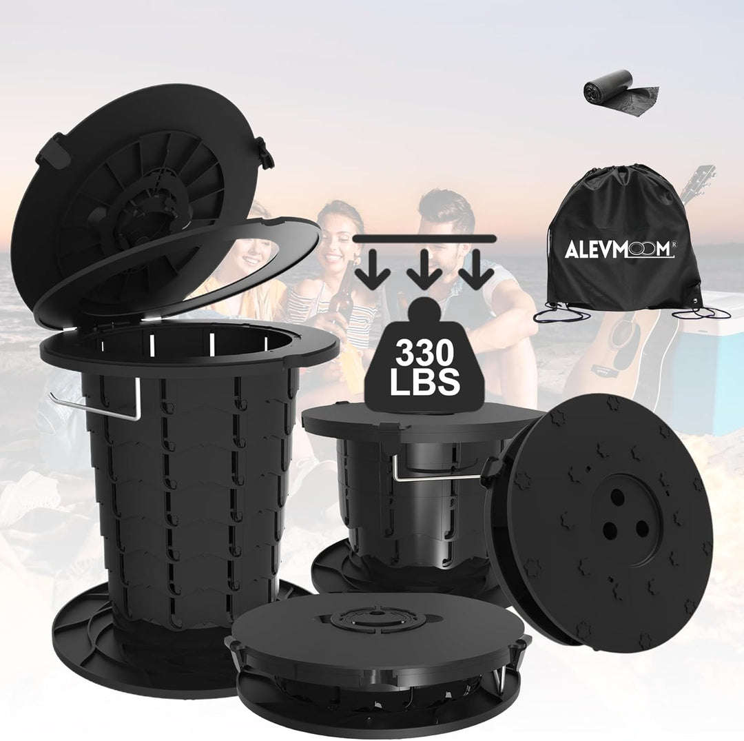 Compact CampMate portable toilet, foldable, with adjustable height for discreet use.