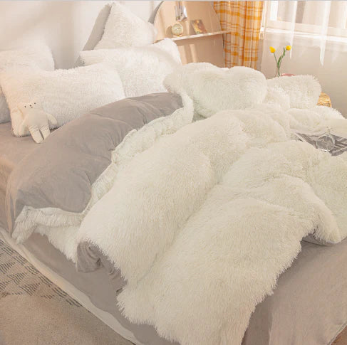 Vibrant candy-colored velvet duvet cover, super soft and plush bedding for a warm bedroom.