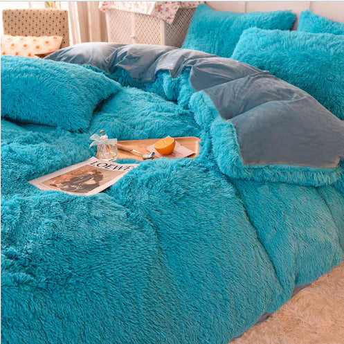 Warm and cozy candy-colored plush duvet cover, ideal for comfortable bedding and home textile.