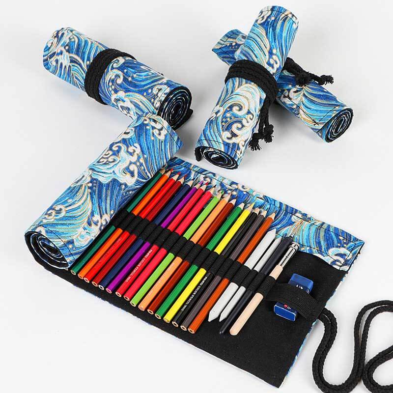 Unisex canvas roll-up pencil case with bronzing waves design, ideal for artist stationery storage