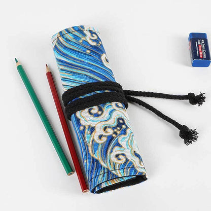 Canvas pen holder and art supply organizer, featuring an elegant bronzing waves pattern, rolled up