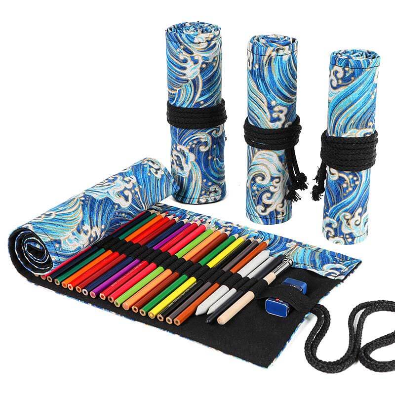 Unisex artist organizer pencil case in canvas, showcasing a unique bronzing waves design