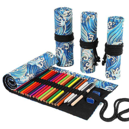 Unisex artist organizer pencil case in canvas, showcasing a unique bronzing waves design