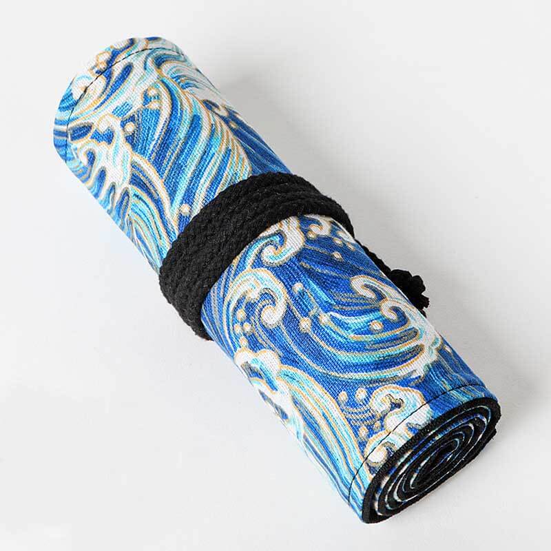 Compact roll-up pencil case for pens, pencils, and art supplies, with a distinctive bronzing wave pattern