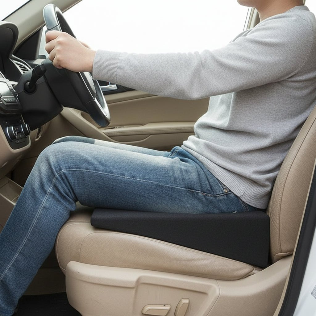 Memory foam car seat cushion for driving comfort and posture support, a universal car accessory.