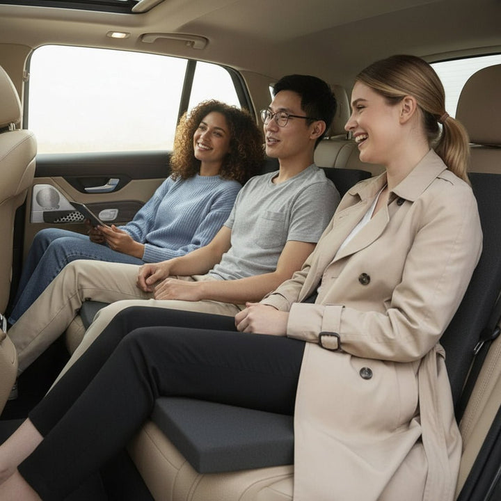 Car seat booster pad for height & back support, designed for comfortable, long-distance driving.