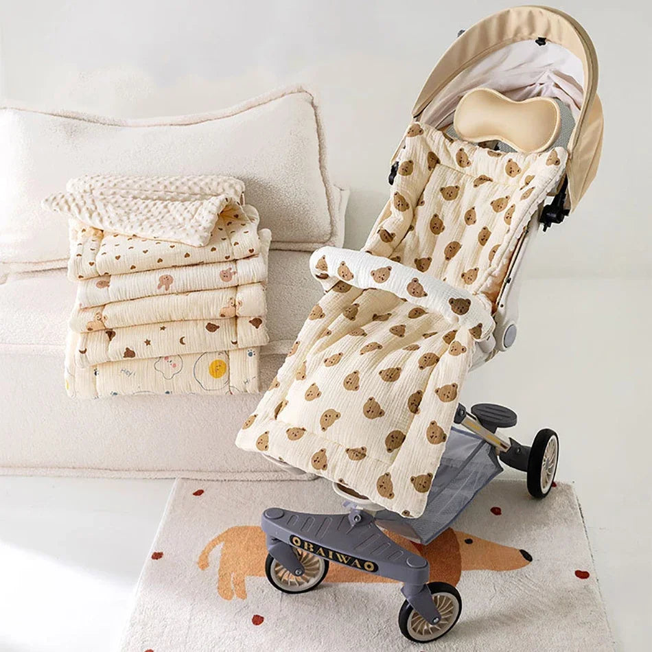 Close-up of a universal fit cartoon baby stroller cushion, machine washable cotton pad