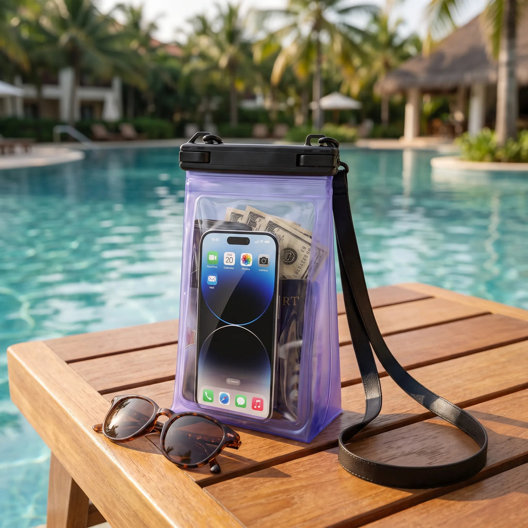 Unisex clear waterproof phone pouch with touchscreen access, perfect for beach, swimming, and water sports.