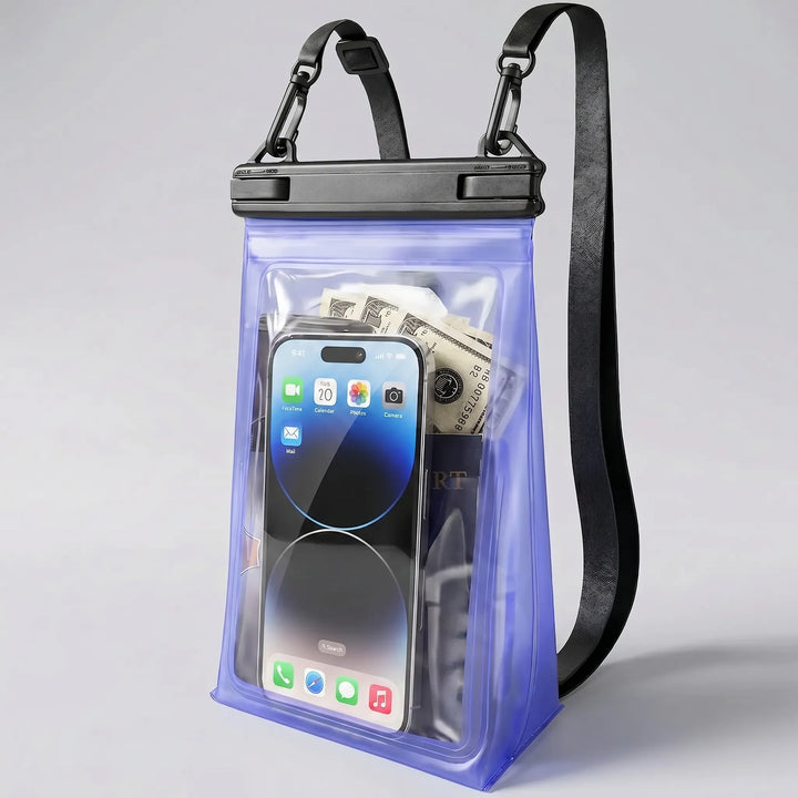 Clear waterproof phone protector for all smartphones, ensuring safe touchscreen access during swimming or rain.