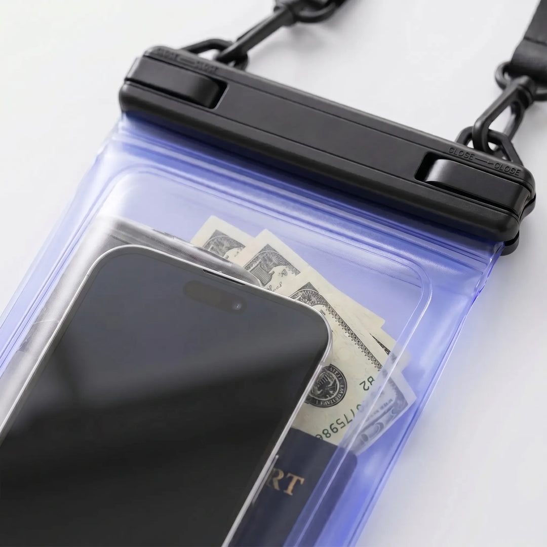 Essential waterproof dry bag phone pouch for beach gear, swimming, and water sports, with full touchscreen functionality.