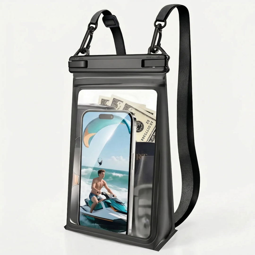 Adventure-ready unisex waterproof phone pouch with clear touchscreen access, perfect for kayaking, paddleboarding, and pools.