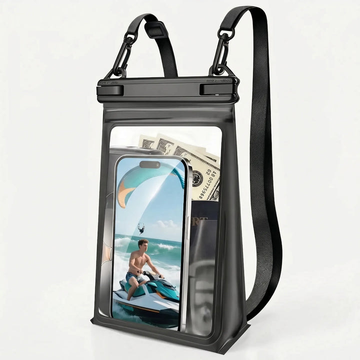 Adventure-ready unisex waterproof phone pouch with clear touchscreen access, perfect for kayaking, paddleboarding, and pools.
