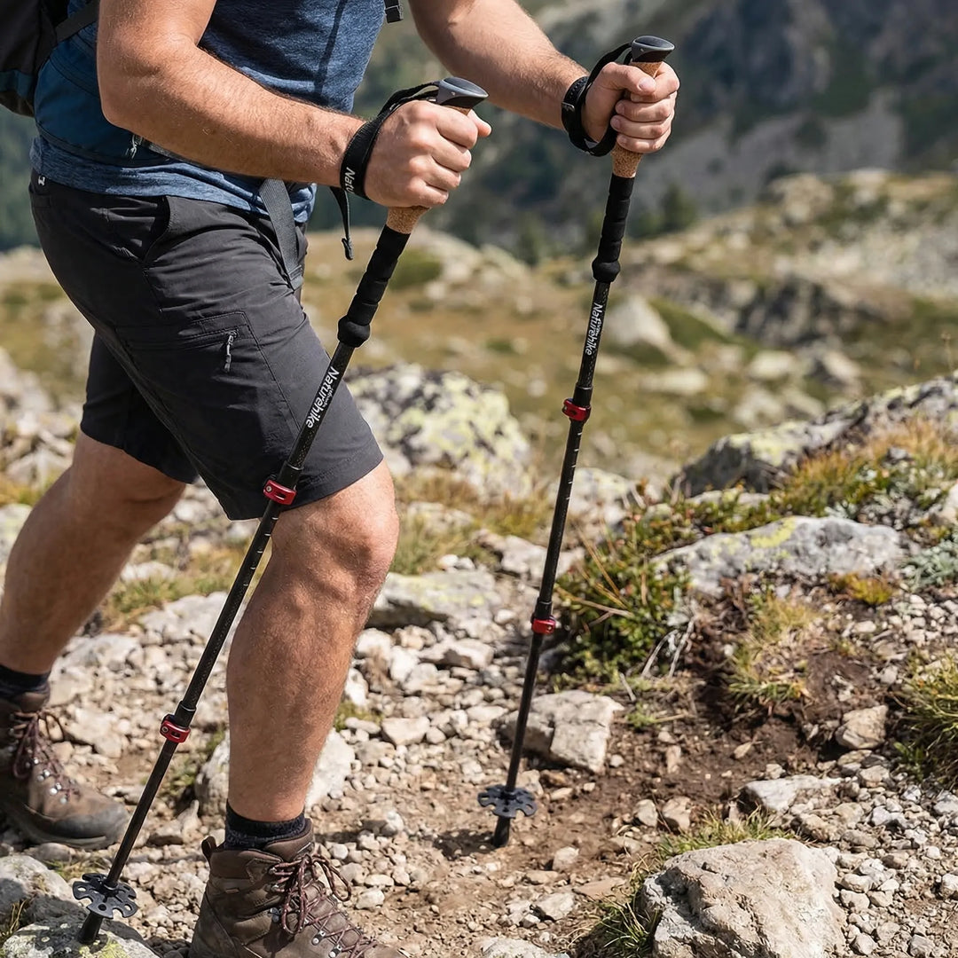 Unisex collapsible hiking pole set, essential lightweight gear for trekking, trail walking & outdoor adventures.