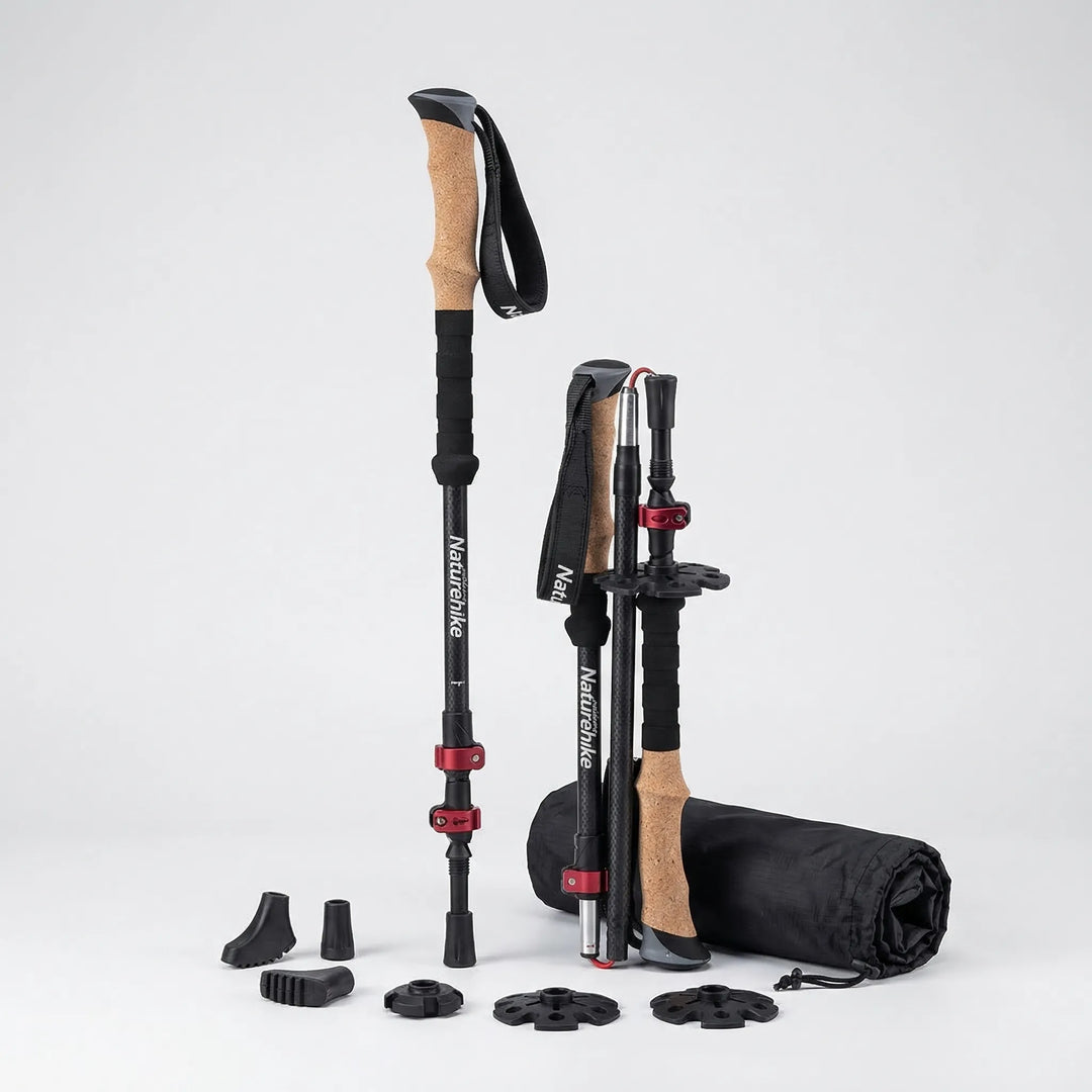Lightweight, foldable trekking poles for easy transport; perfect gear for backpacking, hiking, and trail adventures.