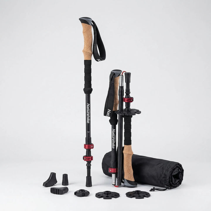 Lightweight, foldable trekking poles for easy transport; perfect gear for backpacking, hiking, and trail adventures.