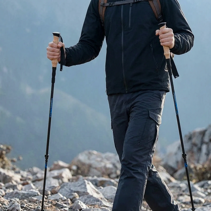 Set of two unisex outdoor trekking poles, ideal collapsible walking gear for hiking, trails, and adventure trips.