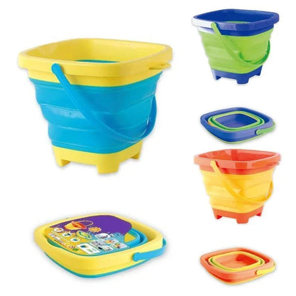Unisex collapsible silicone beach bucket in blue for kids' sand play, portable summer fun