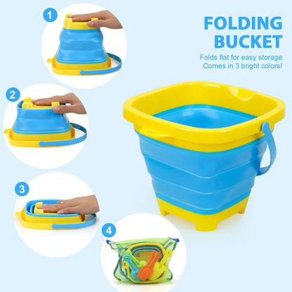 Foldable silicone beach bucket in vibrant orange, perfect for kids outdoor sand and water play