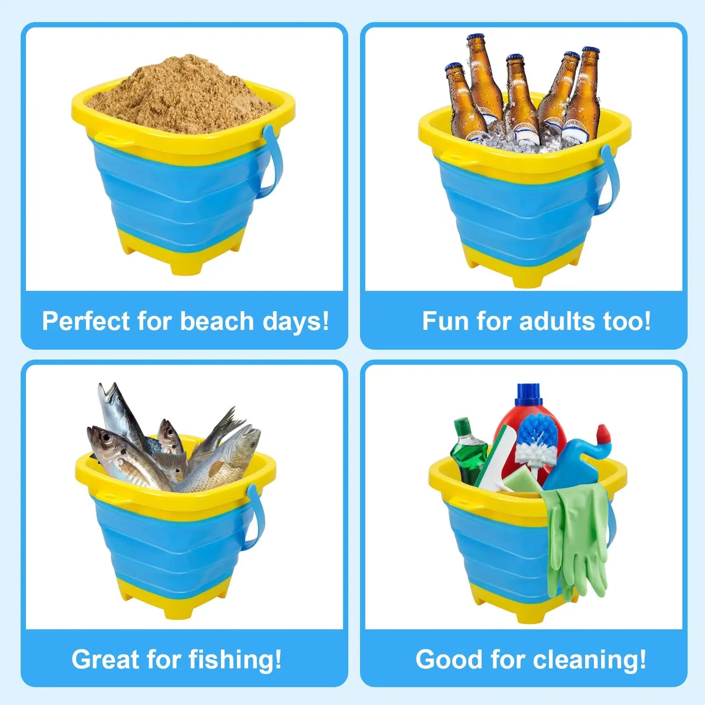 Kids' collapsible silicone beach bucket in green, a durable sand toy for summer and travel