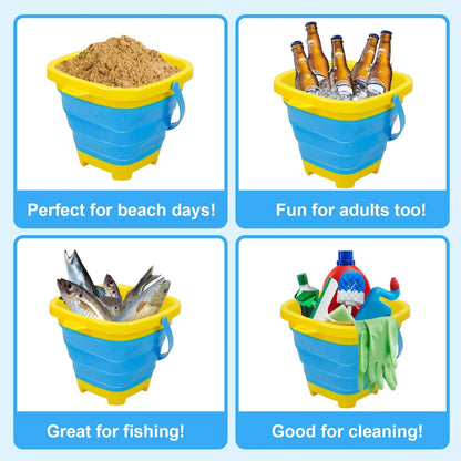 Kids' collapsible silicone beach bucket in green, a durable sand toy for summer and travel