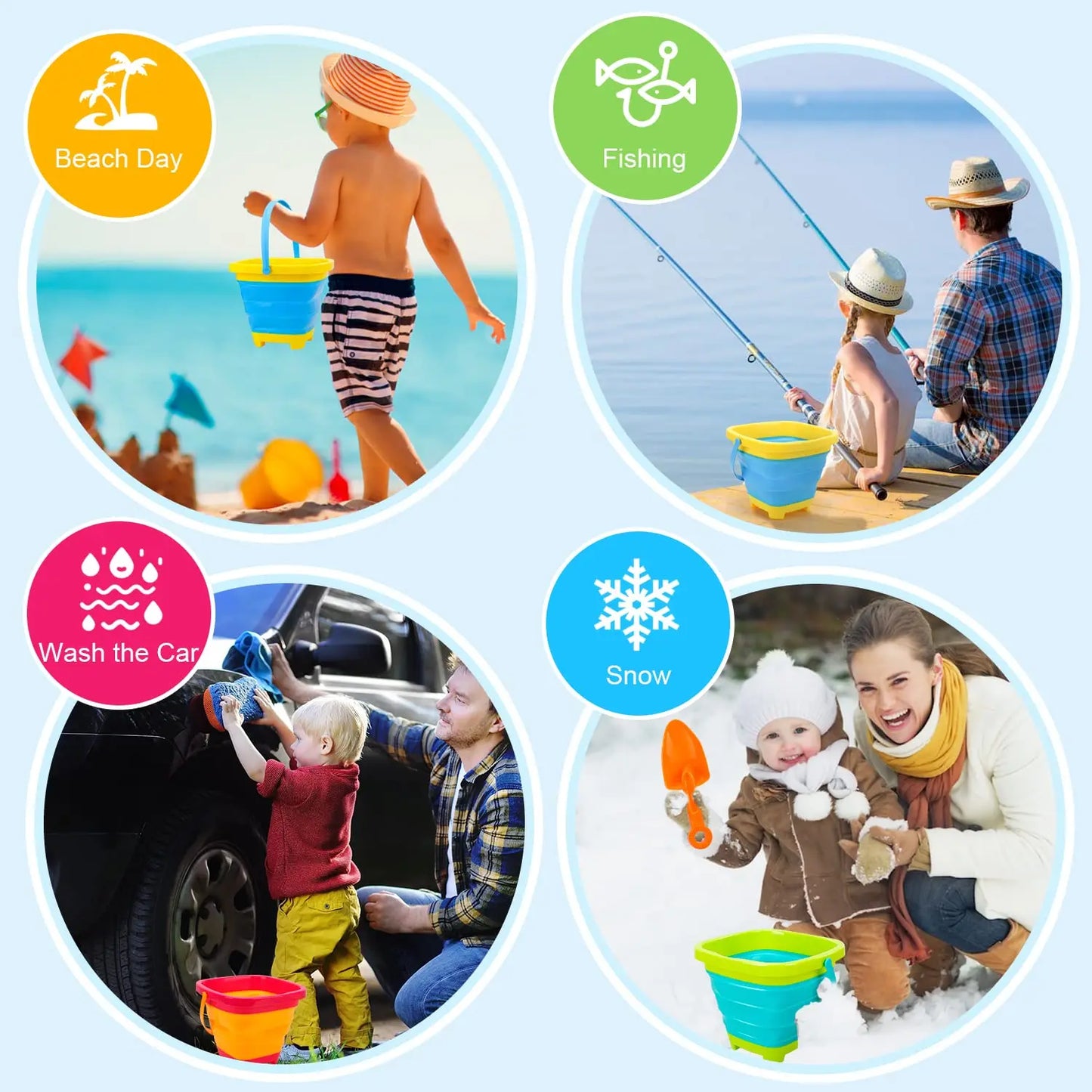 Pink collapsible silicone bucket for kids, an essential portable sand toy for the beach