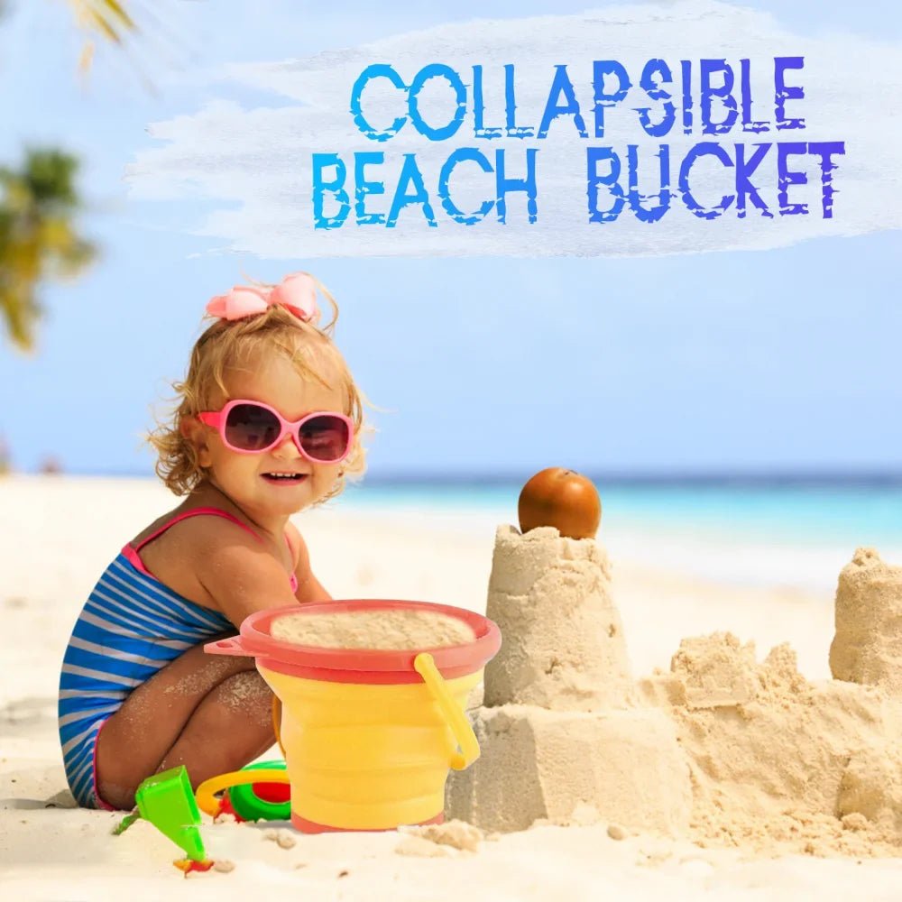 Collection of colorful collapsible silicone beach buckets for kids, ideal for sandcastles and outdoor fun