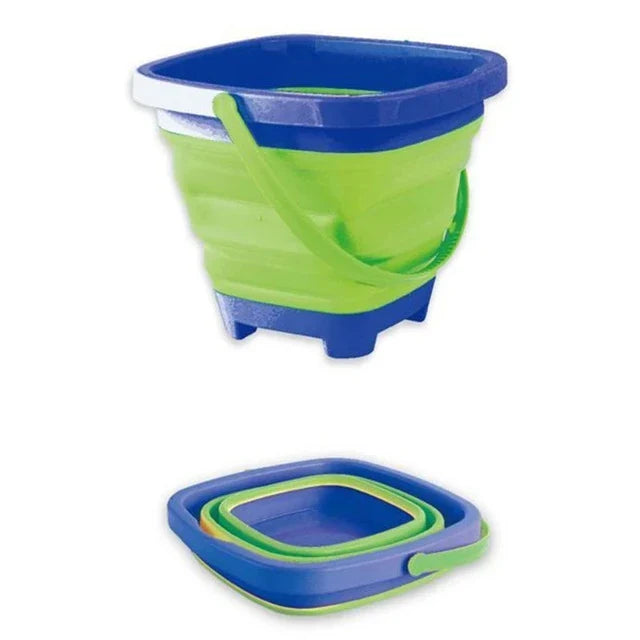 Stack of flattened, collapsible silicone beach buckets, highlighting their portable and space-saving design