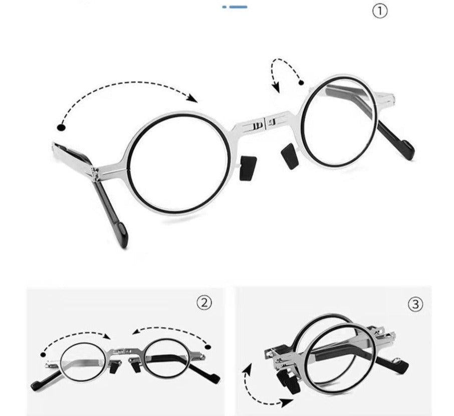 Compact foldable reading eyeglasses for men & women, ideal for on-the-go clear vision & portability.
