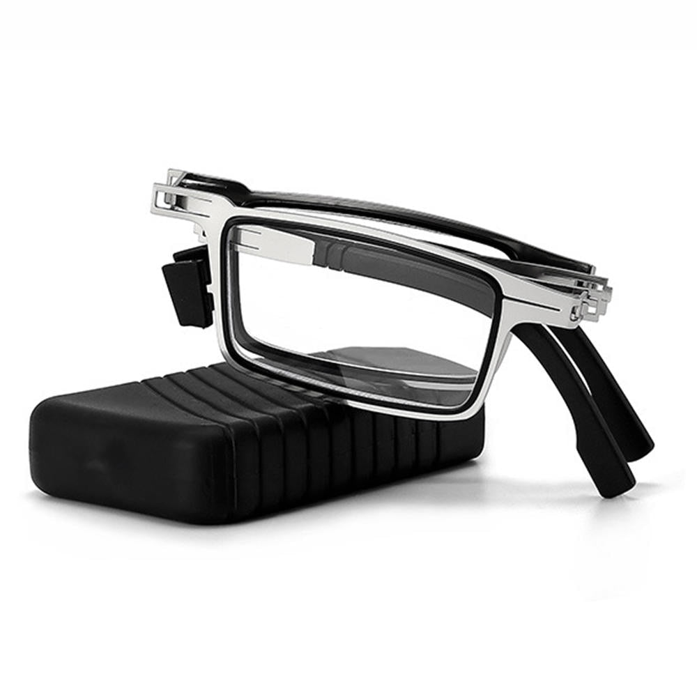 Unisex compact foldable reading glasses with silver frame, blue light filter for clear portable vision.