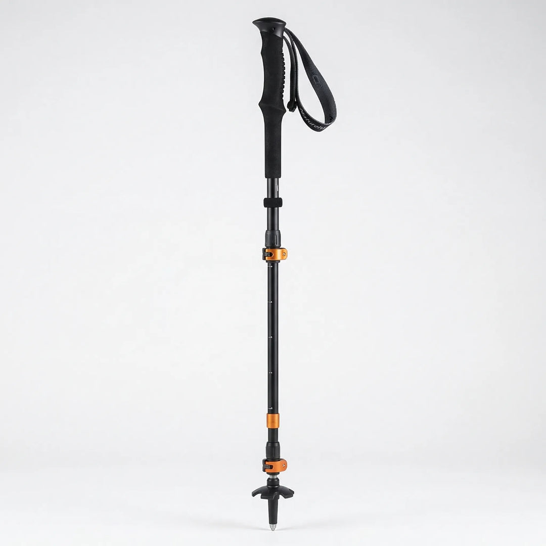 Compact folding trekking pole shown collapsed, ideal lightweight outdoor gear for easy packing on hikes.