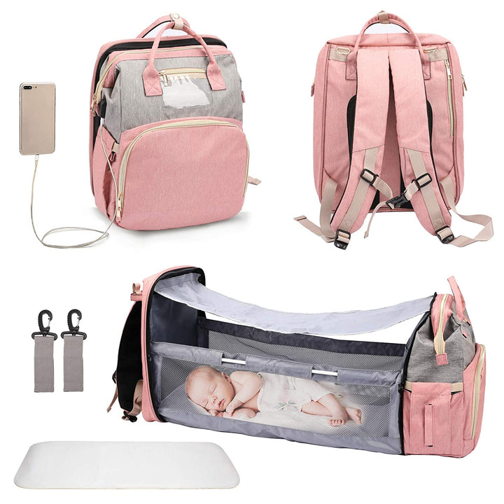 Unisex convertible diaper bag & portable changing station. Multifunctional travel crib for babies and toddlers.